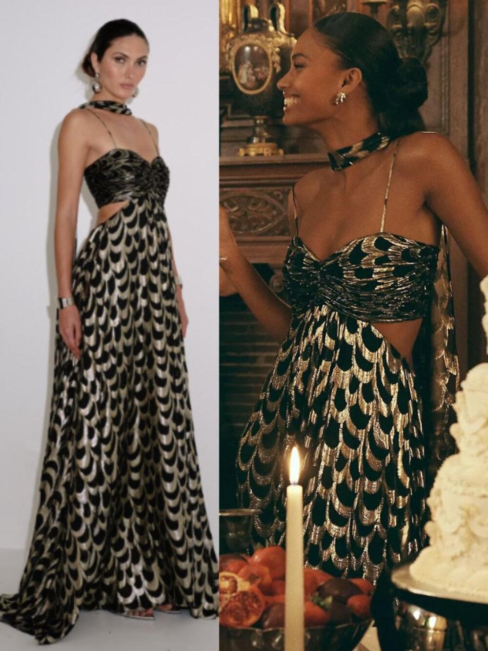 Delfi Collective Adele Maxi Dress Sweetheart Black Gold Scarf Cut Out NWT Size S
